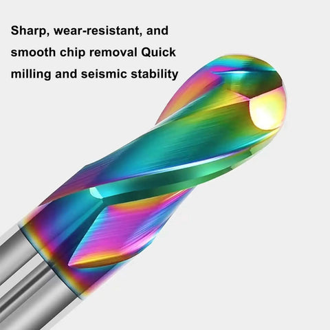 Close-up of DLC Coated One Eighth Inch Two Flute Carbide Ball Nose End Mill Set for aluminum, copper, and plastics machining.