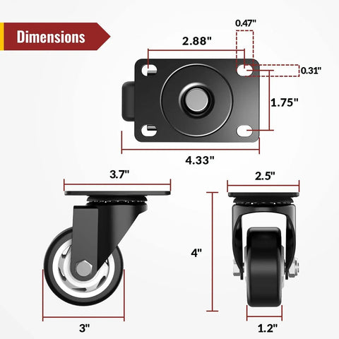 3 Inch Swivel Caster Wheels Heavy Duty Plate Casters No Brakes Total Capacity 1000 Lbs Pack Of 4 with dimensions and steel frame.