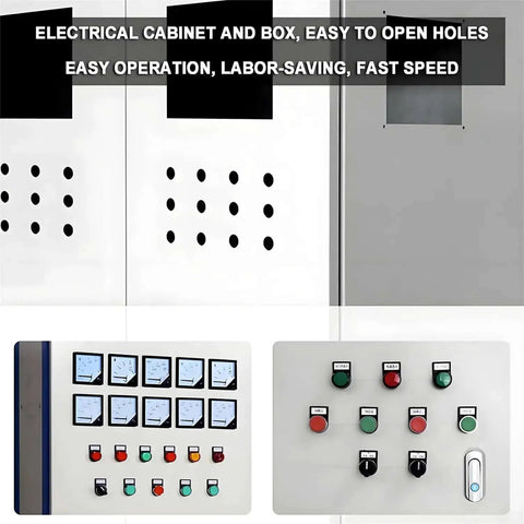 Electrical cabinet panel showing holes made by Rechargeable Hydraulic Hole Punch Kit With Six Dies For 22 To 60 mm Holes 21V Battery Pack.