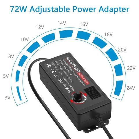 Universal 72W Power Supply With Adjustable 3V To 24V DC Output And 3A Cable featuring a display and voltage adjustment dial.