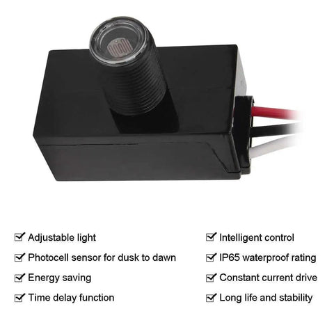 Outdoor Photocell Light Sensor for Dusk To Dawn Lighting No Fuss Auto On Off Hard Wired Post Light with features listed