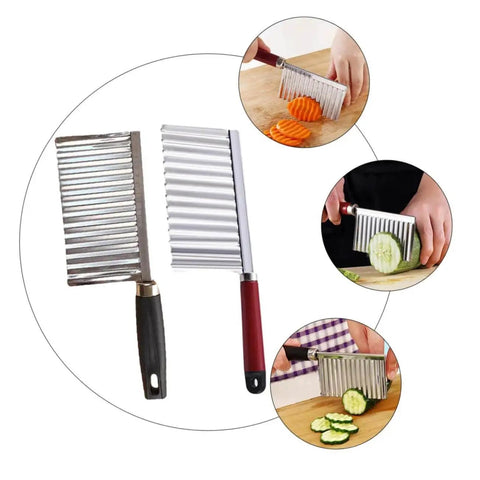 2 Pack Wavy Potato Cutter Set Showeroro With Ergonomic Handles for slicing potatoes, carrots, and cucumbers, stainless steel, durable.