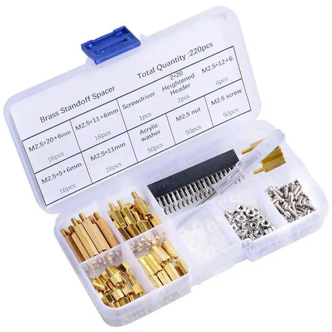 All In One M2.5 Brass Standoff Kit With Box For Raspberry Pi Includes 220 Pcs Hex Spacers Nuts Screws Acrylic Washers Male And Female Hardware And Screwdriver
