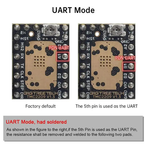Comparison of TMC2209 V1.3 stepper drivers in UART mode, showing factory default and modified UART pin connection.