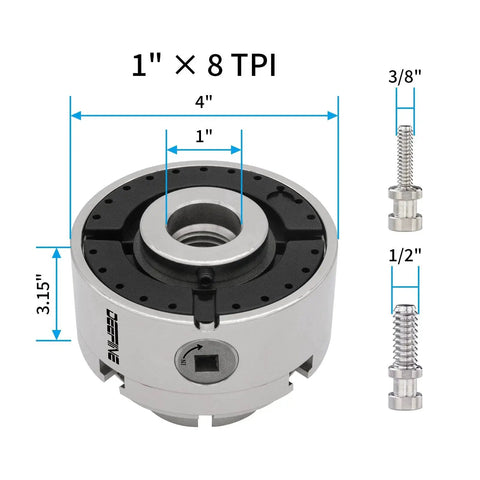 4 Inch Wood Lathe Chuck Set 1 Inch 8 TPI Nickel Plated Self Centering 4 Jaw Wood Turning Chuck With 5 Jaws For Turning Blocks And Shapes, Rust Resistant Scroll Chuck Compatible With Most Lathes featuring 1 inch x 8 TPI dimensions