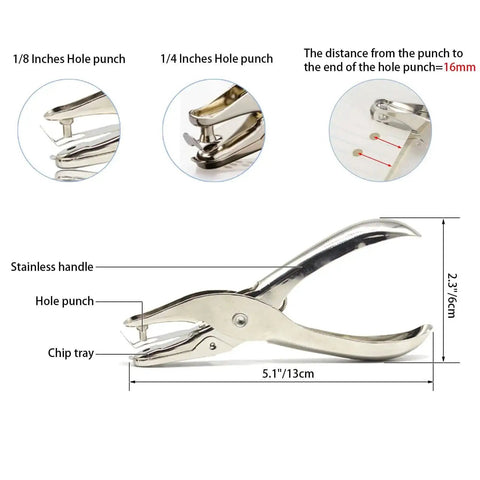 Circle Hole Punch Kit With One Quarter And One Eighth Inch Sizes Handy Handheld Puncher With Eight Sheet Capacity diagram