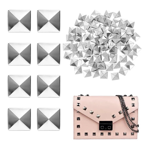 Silver Pyramid Spike Flatback Studs 200Pcs for Clothing Belts Leathercraft shown in sets with a studded pink bag example.