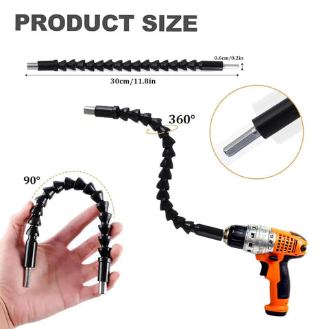 17 Piece Flexible Drill Bit Extension Kit with drill, bendable extension, and measurements shown.
