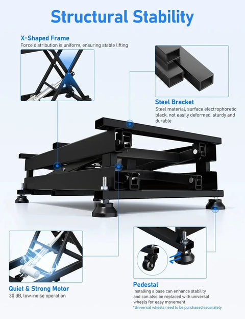 Electric Scissor Lift Table 440Lb Height Adjustable With Remote WiFi showcasing black X-shaped frame, steel bracket, and quiet motor.