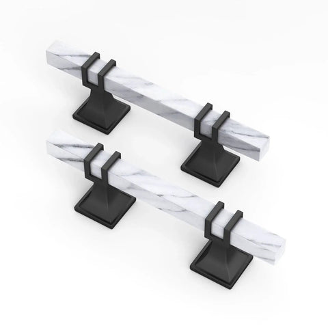 10 Pack 3 Inch Marble Cabinet Pulls With White Marble Grain Finish on Black Bases, Modern Kitchen and Dresser Hardware