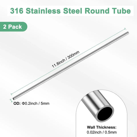 Two Pack 316 Stainless Steel Tube 300mm Long With 5mm Outer Diameter And 0.5mm Wall Seamless Tubing for structural projects