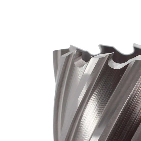 Close-up of a One and a Half Inch Annular Cutter for Magnetic Drill Press with one inch cutting depth and three quarter inch Weldon Shank.