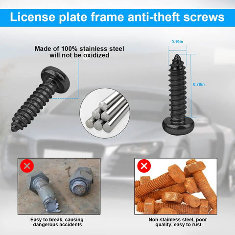 Anti Theft License Plate Screws Kit in Rustproof Stainless Steel for Cars and Trucks, includes anti-theft fasteners and nuts.