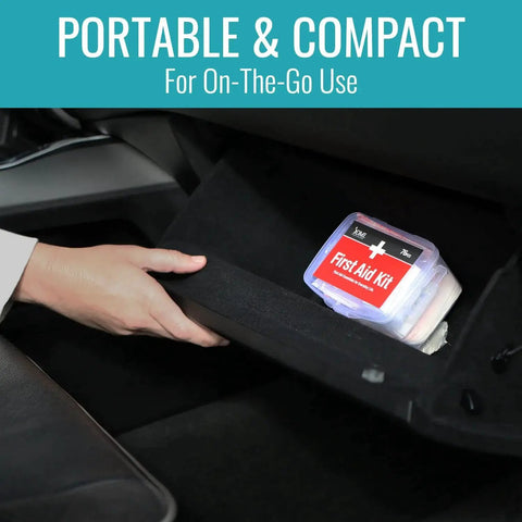 Portable 76 Piece First Aid Kit For Home Car Travel And Office In A Water Resistant Case stored in glove compartment