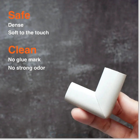 Hand holding Slimfit Corner Edge Protector For Baby Proofing with soft NBR foam, oyster white finish. Safe, clean, no glue marks.