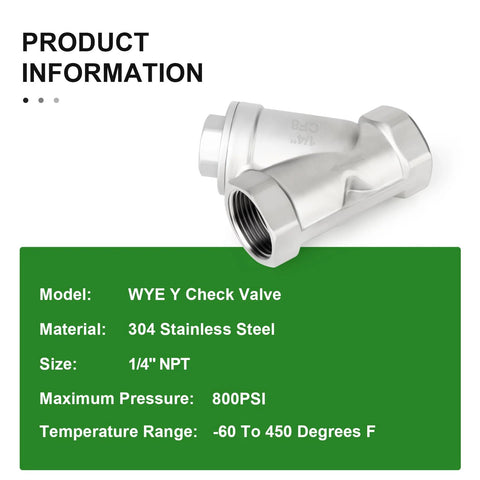 WYE Y check valve, 1/4 in NPT female, 304 stainless steel body, inline valve