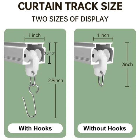 Diagram showing 9ft Ceiling Curtain Track System Heavy Duty Aluminum Rail For Sliding Curtains with hooks and without hooks