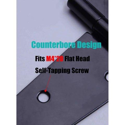 Close-up of rustproof black heavy duty T strap hinge showing counterbored holes for M4 self-tapping screws for easy mounting.