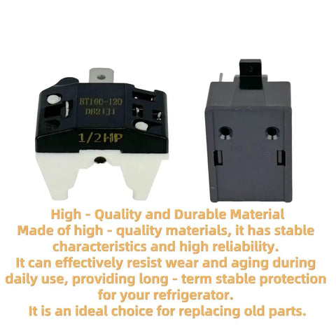 Close-up of 2-Pack PTC Refrigerator Starter Relay Kit with Overload Protectors 6750C-0005P, showing relays and protectors.
