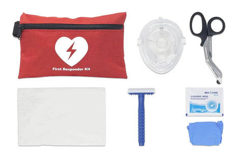 First Responder Kit For AED Emergencies with essential AED accessories, CPR mask, trauma shears, razor, and wipes by Cubix Safety.