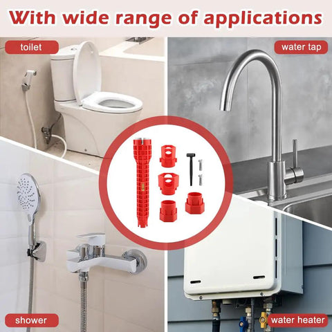 14 In 1 Multi Functional Plumbing Wrench For Faucet And Sink Installations With Anti Slip Grip And Extra Long Reach For Tight Spaces Strainer Nut Guide Red Handle Built To Last displayed with toilet, shower, and faucet examples.