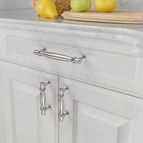 Installed 10 Pack Brushed Satin Nickel Cabinet Pulls with 5 Inch Hole Centers for cabinets and drawers, modern kitchen hardware