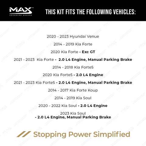 List of compatible vehicles for Rear Brake Kit With Carbon Ceramic Rotors For 2011-2020 Hyundai Elantra, 2014-2023 Kia Forte And 2014-2023 Kia Soul.