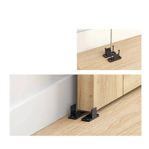 Two Sets 15 To 16 Inch High Black Floor Rail Hardware Door Track POM Guide Components For Sliding Barn Gate Stopper installed view