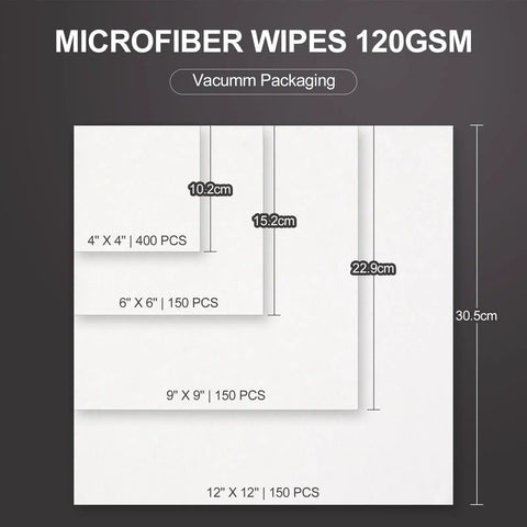 Size comparison chart for Double Knit Polyester Cleanroom Wipes 120 GSM Soft 9x9 150 Pcs Laser Sealed Edge.