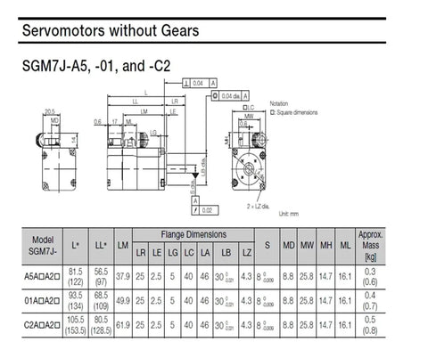 CHUNYE SGM7J-08AFC6S servo motor technical drawing with dimensions (front/side views)