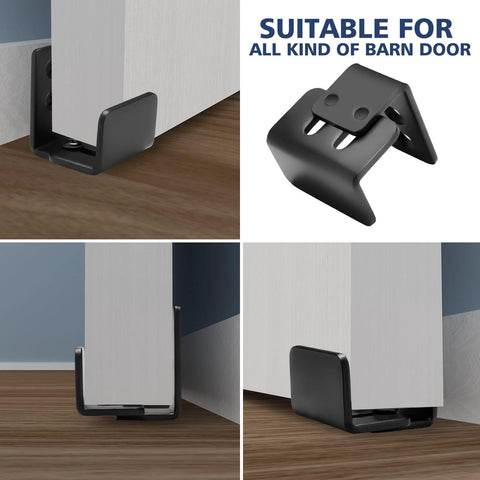 Bottom Floor Guide For Sliding Barn Doors U Shape Adjustable Stay Roller Flexible Fit Distance Flush Flat Bottom Design Wall Mount System For Doors And Cabinets 2 Pack Built Tough Steel With Black Powder Coat showing installation on barn door