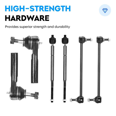 Front view of Amazon 8-piece suspension kit with front lower control arms, sway bars and tie rods for Chrysler Pacifica.