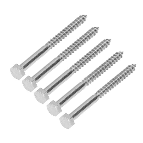 Self Tapping Hex Lag Screws, 304 Stainless Steel, Half Thread, A2-70 High Hardness, five screws on white background