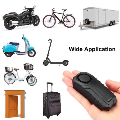 Hand holding Beefy 113dB Wireless Bike Alarm With Remote Vibration And Motion Sensor with various vehicles to show application