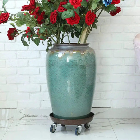 20 Inch Round Plant Stand With Lockable Wheels Heavy Duty 480 Lb Capacity Rolling Plant Caddy For Indoor And Outdoor Use Copper Round Metal Tray
