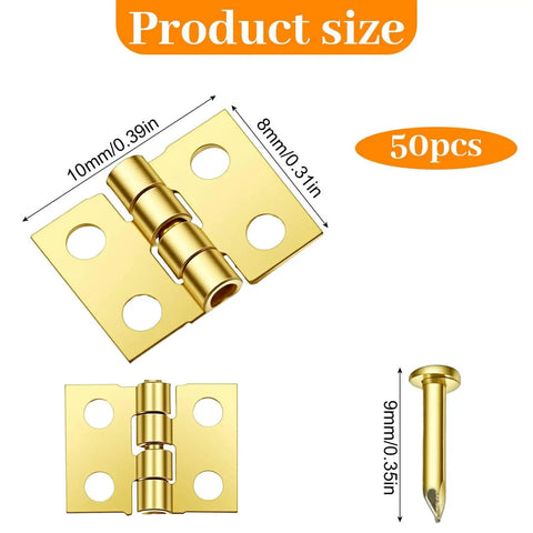 Gold mini hinges craft set, 50 pcs with screws, for DIY wooden boxes and dollhouses, smooth shaft, size 0.39 by 0.31 inches