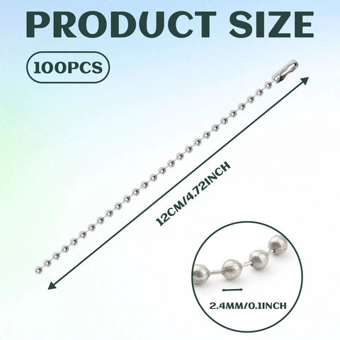 100 Pcs Stainless Steel Ball Bead Chain 4.72 Inch Dog Tag Style Chain Silver Bulk for Jewelry Making with Connector Clasp