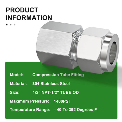 Two 304 stainless steel compression tube fittings; 1/2 NPT to 1/2 in tube OD, displayed on a green information card
