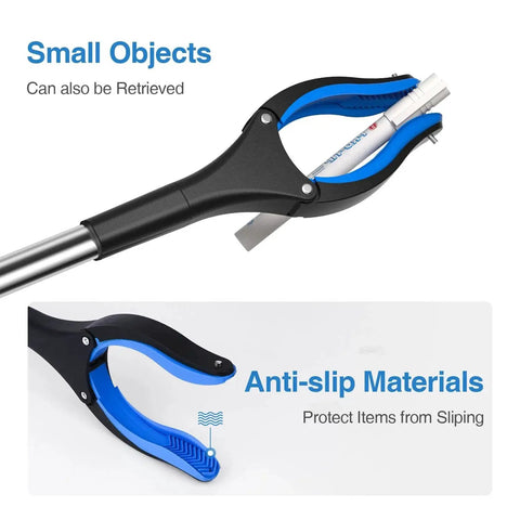 Close-up of 2 Pack Grabber Reacher Tool Set Featuring 32 Inch Extra Long Steel Foldable Pick Up Stick With Strong Magnetic Grip 90 Degree Rotating Anti Slip Jaw Trash Claw Hand Grabber For Reaching And Arm Extension Lightweight And Durable with anti-slip jaw holding small objects.