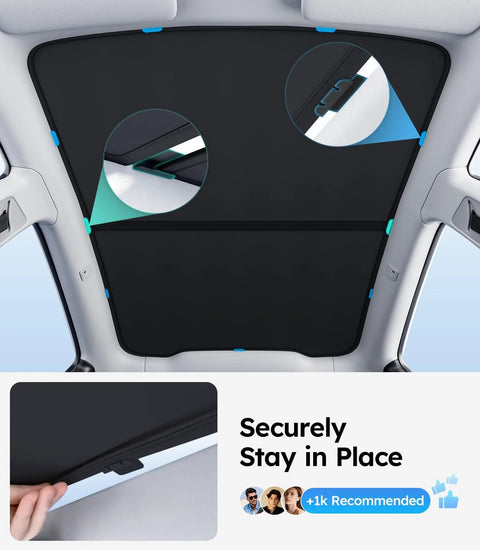 Tesla Model Y Juniper Glass Roof Sunshade With Heat Insulation Nano Ice Coating installed view showing interior fit