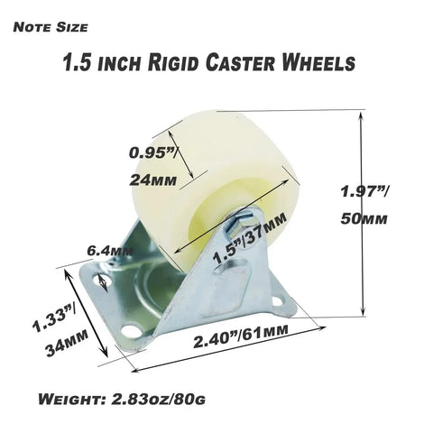 1.5 Inch PP Rigid Non Swivel Caster Wheels With Top Plates for furniture, showing specifications and dimensions.