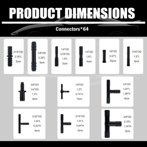 Ultimate Silicone Vacuum Hose Kit For Auto Projects Six Piece Five Foot Set With Six Inner Diameters image showing connectors dimensions