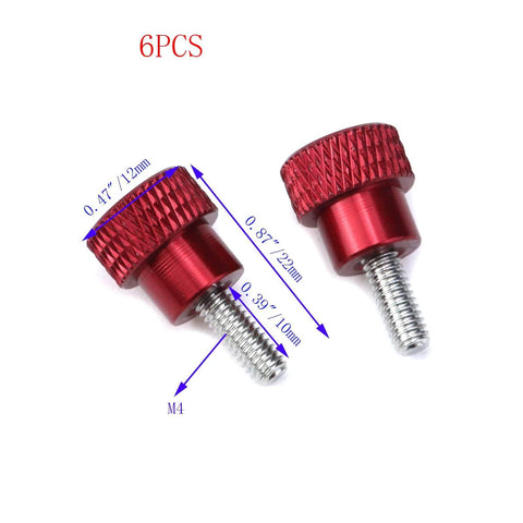Six Pack M4 Knurled Thumb Screws 10mm Thread, High Head Aluminum Alloy Red Knobs, Knurled Shoulder Flat Tip