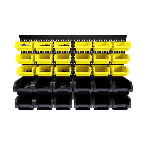 Front view of Wall Mount 30 Piece Bin Set for Nuts Bolts Screws Nails and Small Hardware Removable Adjustable Pro Grade Organizer Rack.