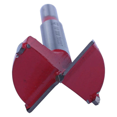 Close-up of a 35mm carbide-tipped drill bit from the Beefy Hinge Boring Drill Bit Set For Wood Carpentry 35mm Position Carbide Tool With Removable Strongback Die Cast Guide Ideal For Handheld Drills Drill Press And Table Drills Fast Chip Removal And Precise Boring By Retyly