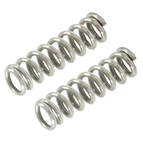 Two stainless steel compression springs, 3mm OD, 0.5mm wire, 10mm free length, silver.
