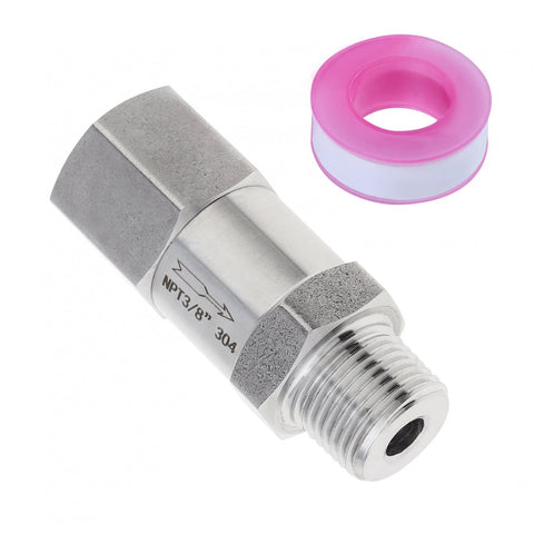304 stainless steel check valve, 3/8" NPT male x female, one-way backflow prevention with pink PTFE tape included