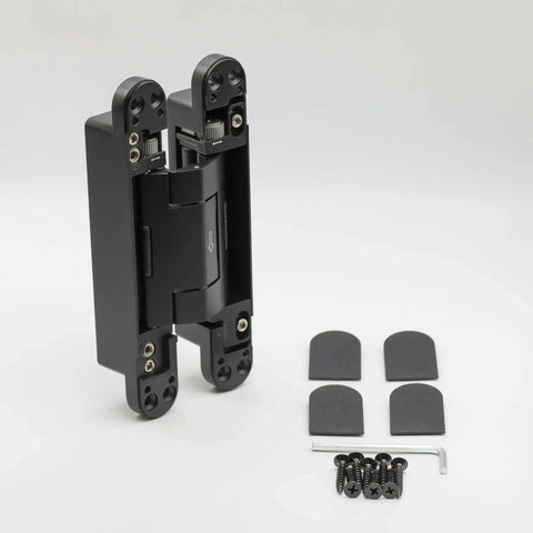 Heavy-Duty Self Soft-Closing Hidden Door Hinge for Commercial and Residential Doors, matte black, with installation accessories.