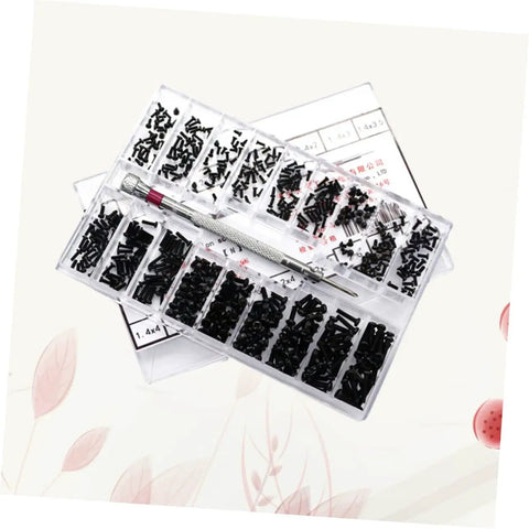 Miniature Screw Set With 18 Sizes, Flat Head Screws, Clear Storage Case, displayed open with various small screws visible