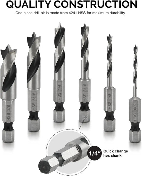 Six Piece Brad Point Drill Bit Set For Wood With Stubby Bits And 135 Degree Tip One Quarter Inch Quick Change Hex Shank HSS 4241